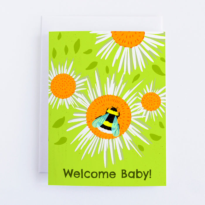 Bumble Bee and Daisies Welcome Baby Greeting Card