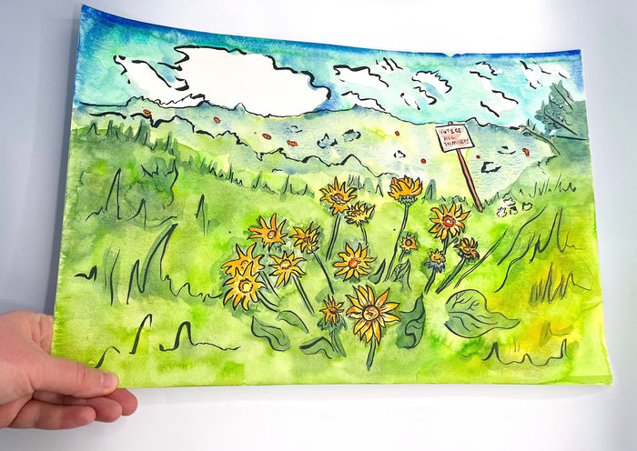 “No Trespassing, Balsamroot Flowers” Original Watercolor Painting - Unframed