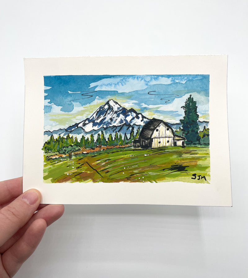 “White Barn and Mount Baker” Original Gouache and Watercolor Painting - Unframed