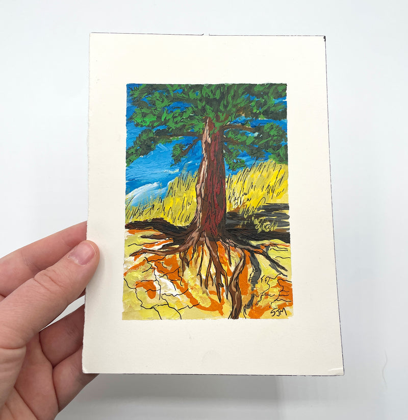 “Saddle Rock Tree - Exposed Roots” Original Gouache and Pen Painting - Unframed