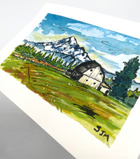 “White Barn and Mount Baker” Original Gouache and Watercolor Painting - Unframed