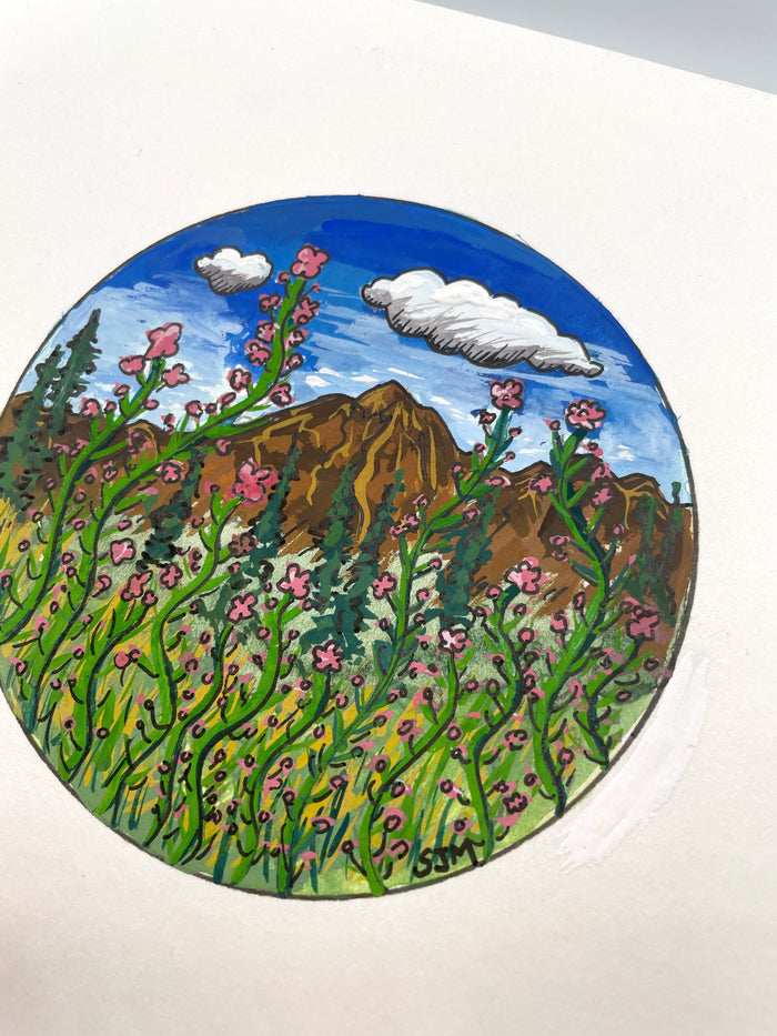 “Huckleberry Picking in Fireweed” Original Gouache and Pen Painting - Unframed