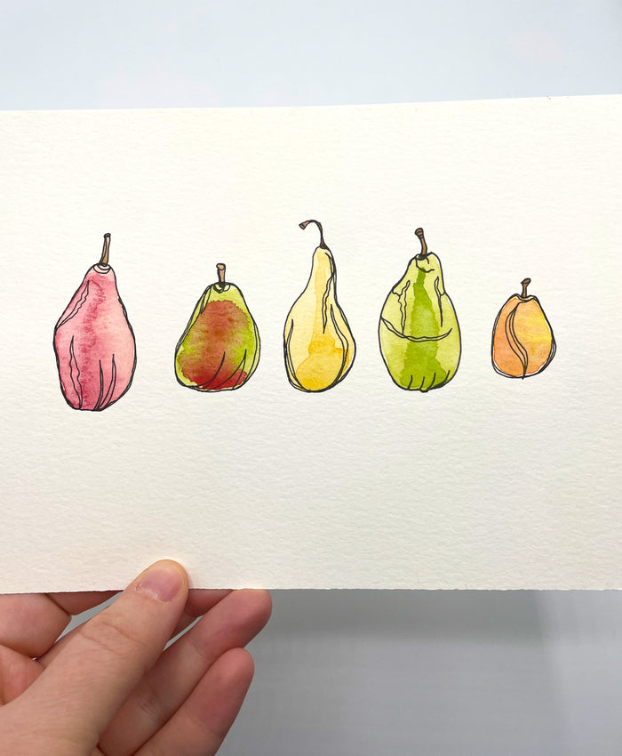 “5 Pears” Original Watercolor and Pen Painting - Unframed