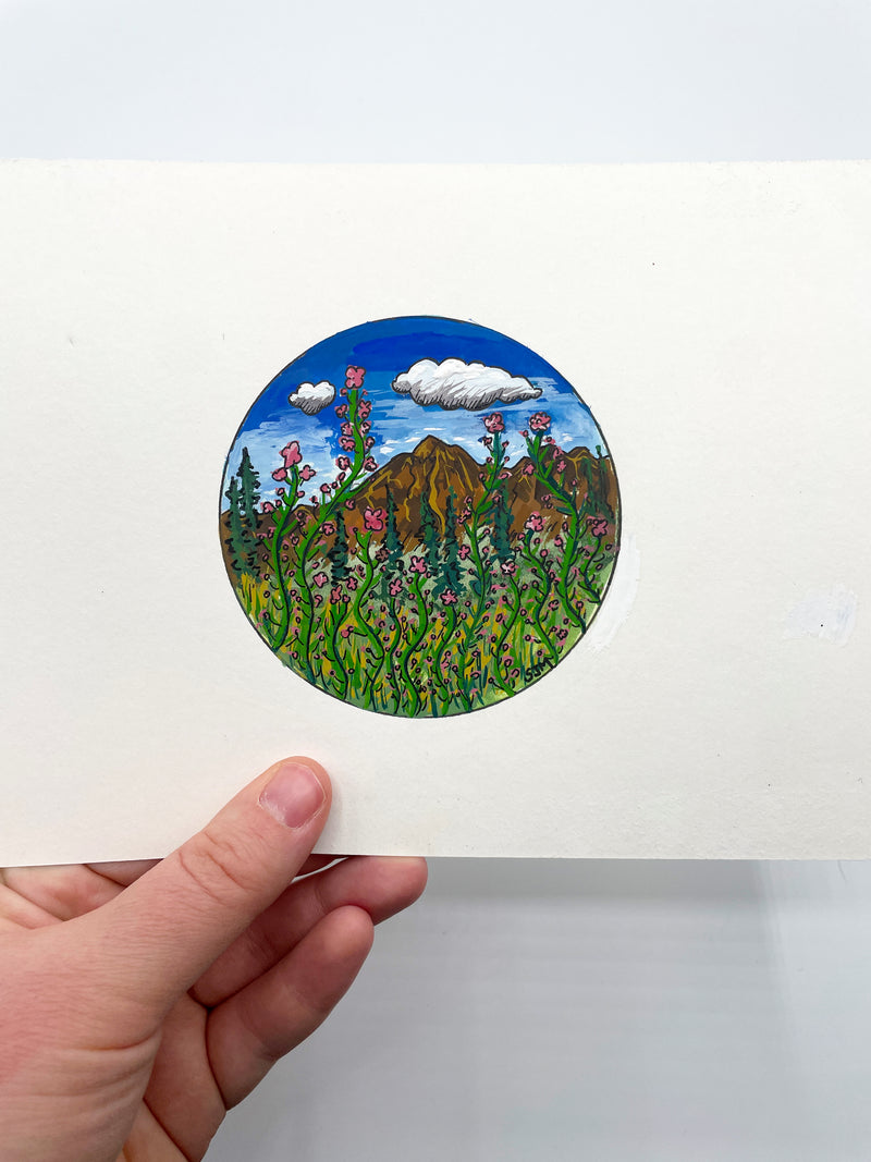 “Huckleberry Picking in Fireweed” Original Gouache and Pen Painting - Unframed