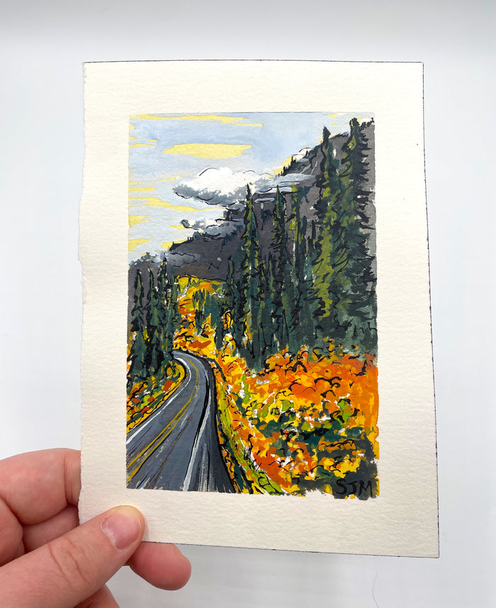 “North Cascades Highway in October” Original Gouache and Pen Painting - Unframed