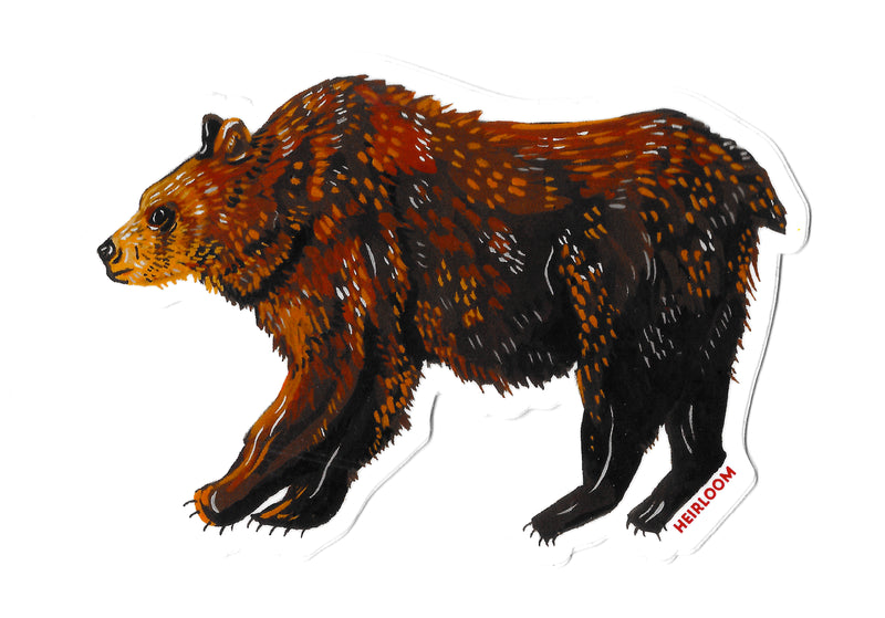 A hand painted sticker design of a brown bear with white highlights and black details and dark and light brown strokes of paint on a white background. The bear is in profile walking on all four legs.