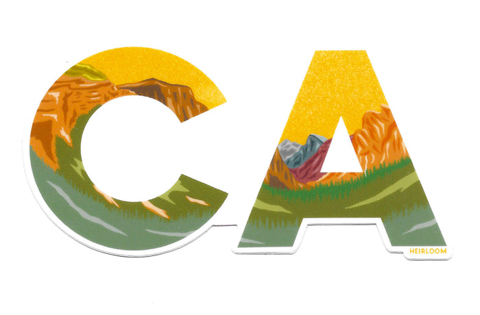 The letters C and C with a the landscape of Yosemite National Park inside of the letters. There is a yellow sky with the mountains in front.