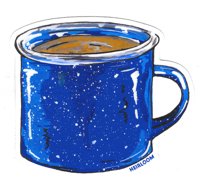 A hand painted design of a blue enamel camping mug that is filled with coffee. It has a handle on the right and is on a white background.
