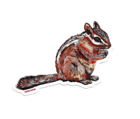 A hand painted sticker of a chipmunk resting on its hind legs with its front arms pulled together in front of it. Its ears are slightly tilted back and its tail is sticking straight out behind it. It is on a white background.
