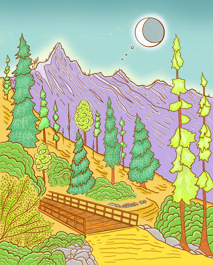 Crescent Moon Mountain Bridge Art Print