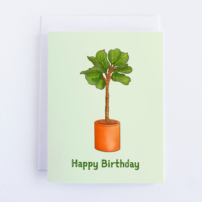 A light green birthday card with a potted fiddle leaf fig tree. It is planted in an orange terra cotta planter underneath it the text reads Happy Birthday.