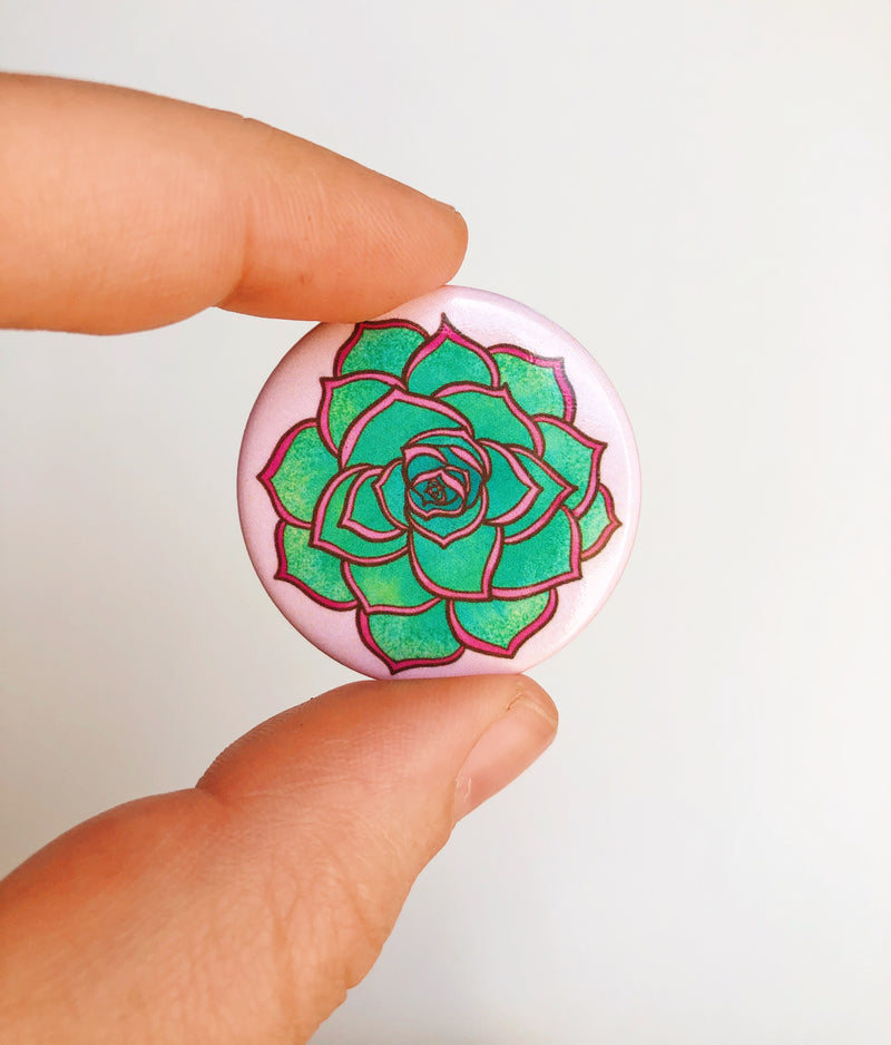 Pink & Green Succulent 1.5" Button Pin