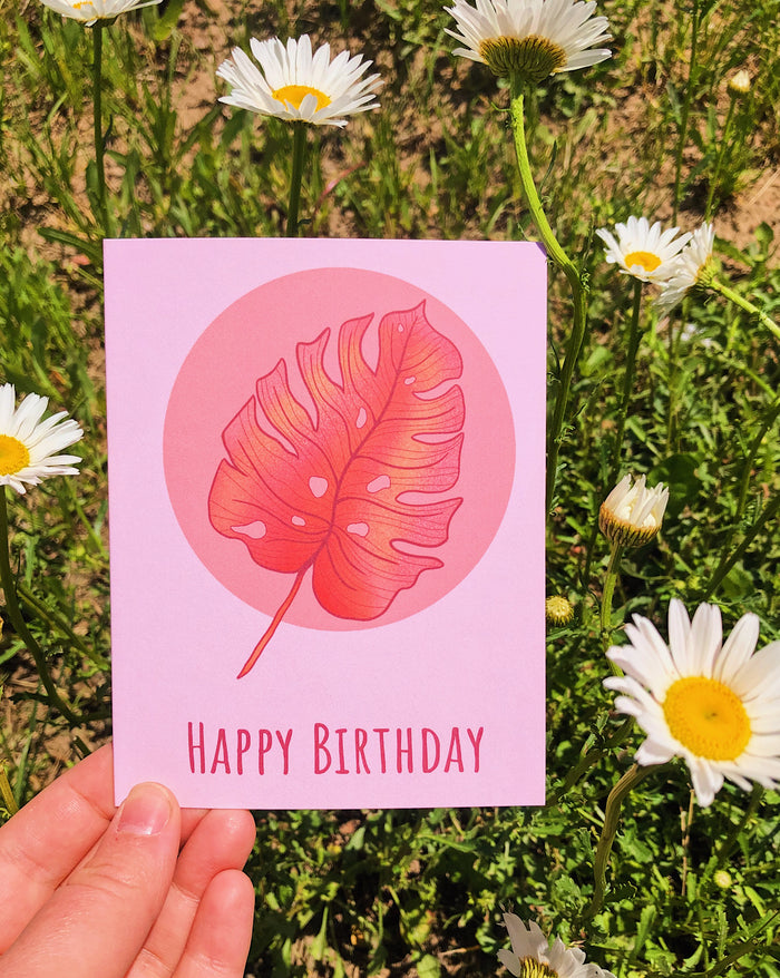 Pink Monstera Happy Birthday Card