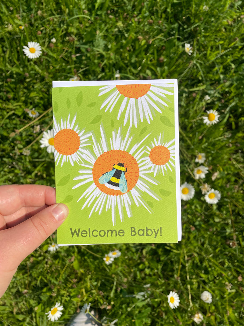 Bumblebee and Daisies Welcome Baby Greeting Card