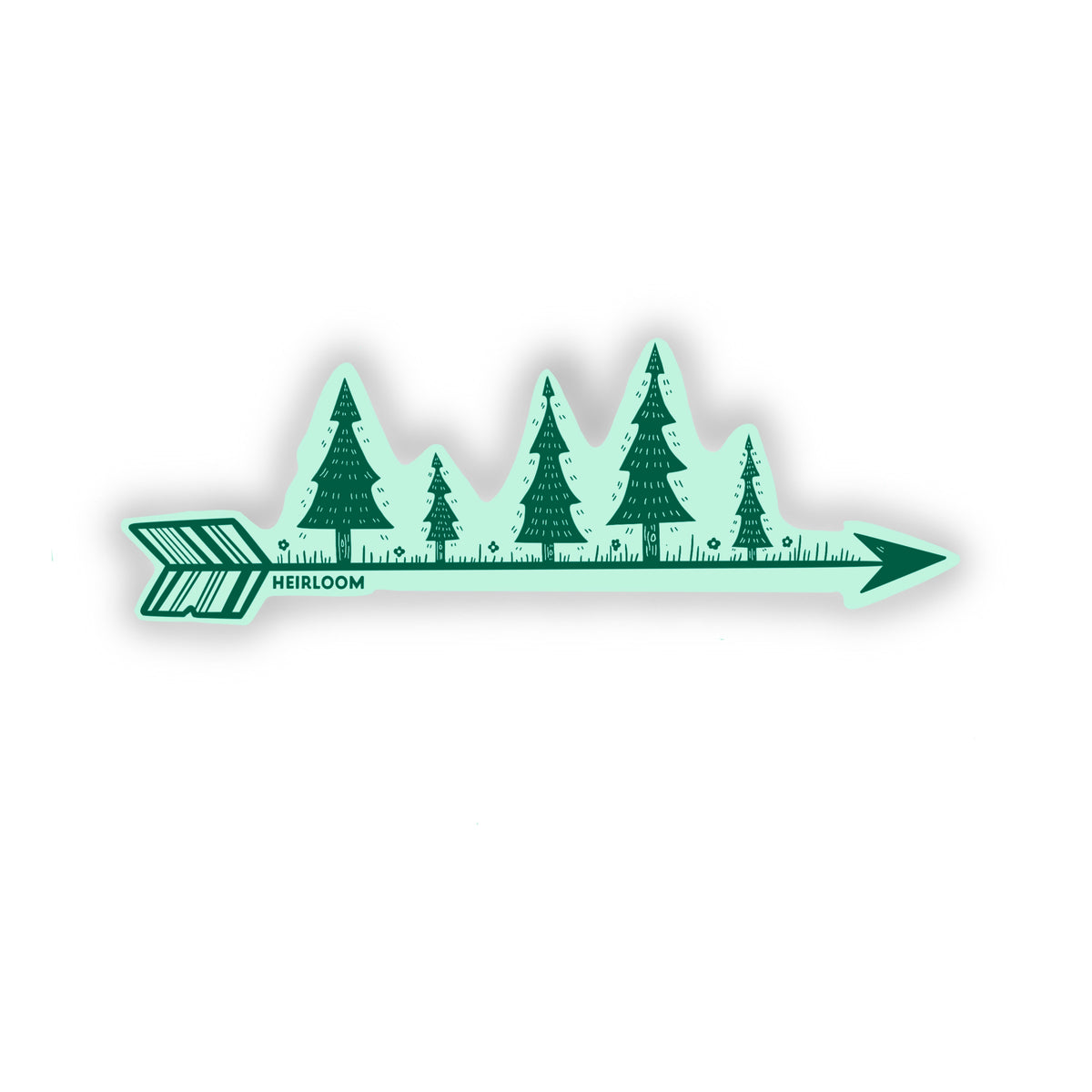 A light green background with dark green design featuring an arrow with flowers and grass and 5 trees growing out of the wood part of the arrow.