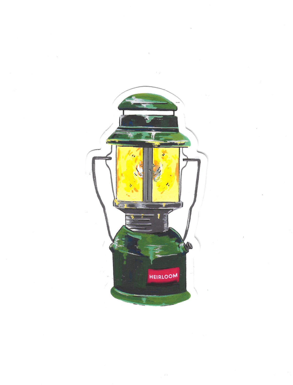 A vinyl sticker featuring a vintage camping lantern design that has been hand painted. It is painted to look like it is glowing. It is green with a red label. 