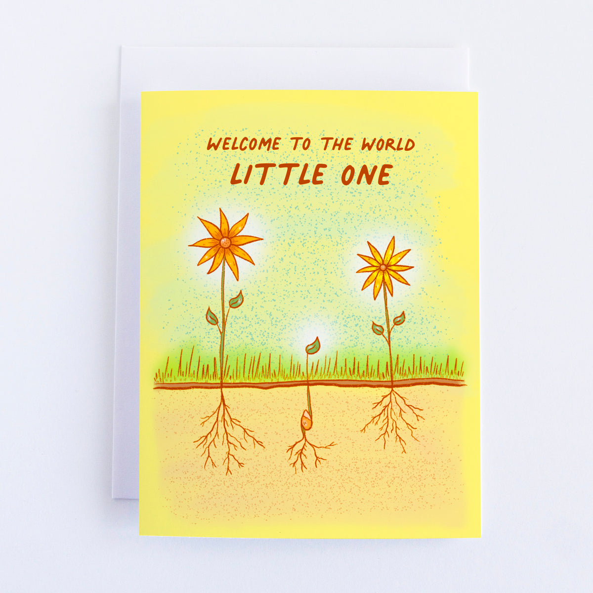 A light green card with two flowers and a seed with a little stem and leaf. The text says Welcome to the world Little One.